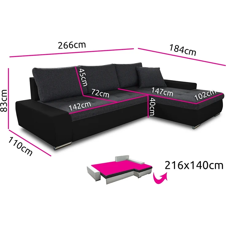 Ecksofa mit Schlaffunktion Faris - Couch mit Bettkasten, Big Sofa, Sofagarnitur, Couchgarniitur, Polsterecke (Schwarz + Grau (Madryt 1100 + Inari 91), Ecksofa Links) – Bild 5
