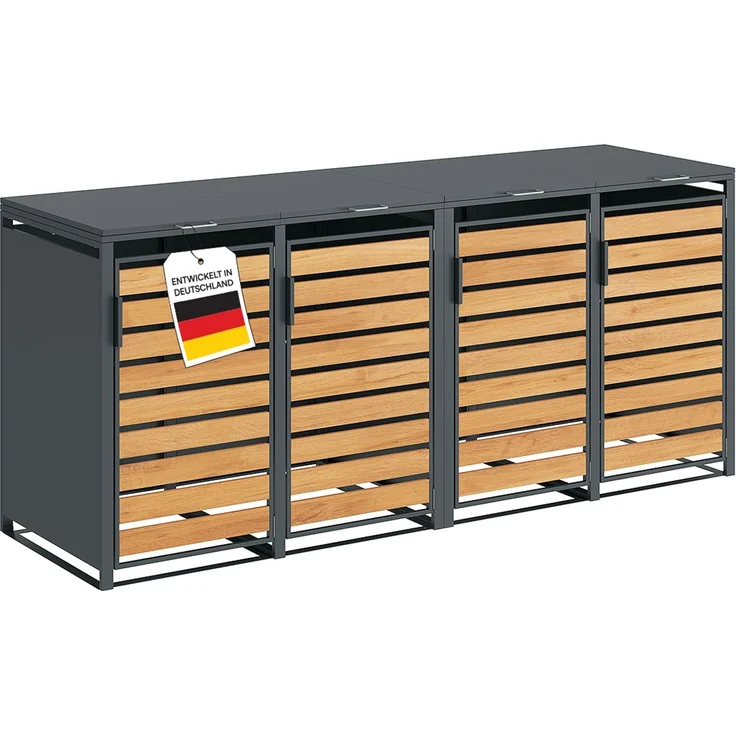 STEELSØN 'Kestra' Mülltonnenbox 4er je 240 Liter, anthrazit mit Holzoptik, Mülltonnenverkleidung aus Stahl, wetterfest, 116x80x268 cm, Müllbox für 4 Tonnen – Bild 1