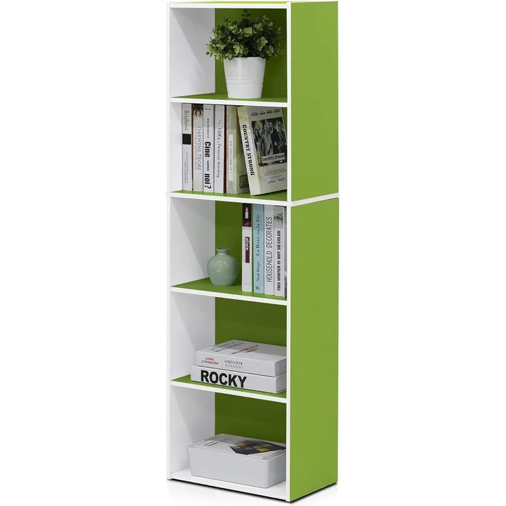Furinno offenes Bücherregal mit 5 Fächern, holz, Weiß/Grün, 40. 1x23. 9x132. 1 cm