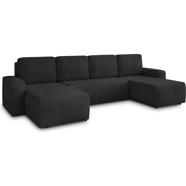 Wohnlandschaft mit Schlaffunktion Roma - U-Form Couch, Schlafsofa mit Bettkasten, Couchgranitur mit Bettfunktion, Big Sofa, Cord Stoff (Schwarz (Poso 135)) – Bild 1