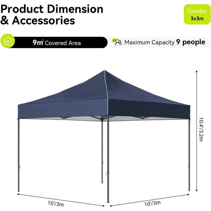 Aoxun Faltpavillon 3x3m Wasserdicht Stabil, Pop Up Pavillon mit Handtasche, UV-Schutz 50+ Gartenzelt Inkl. Rolltasche, Sandbags, Partyzelt Fuer Camping, Strand, Hochzeit und Outdoor Shelter, Blau – Bild 4