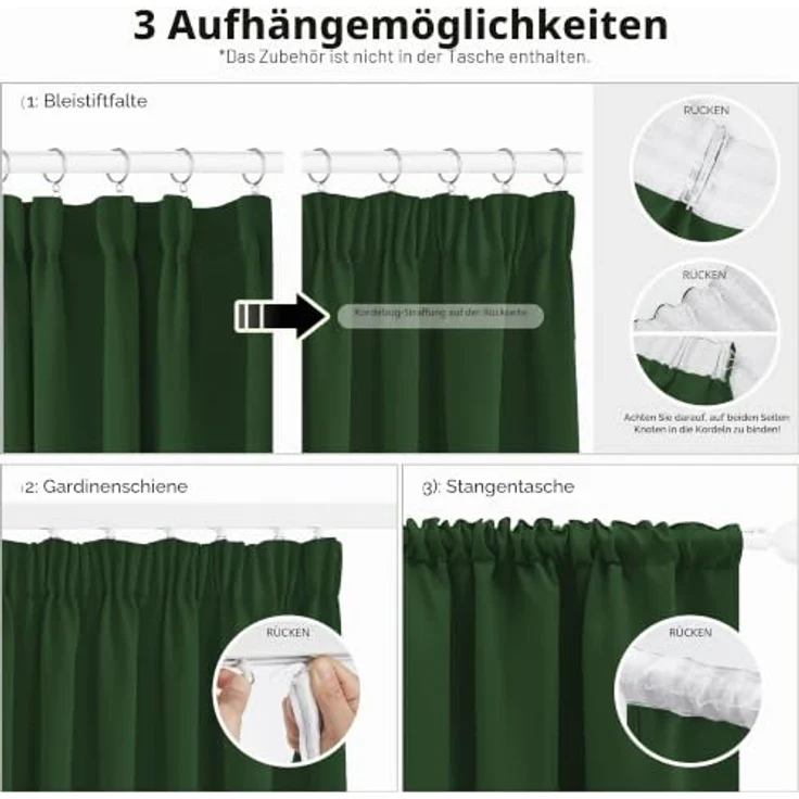 Deconovo Gardinen Kräuselband für Schienensystem Thermovorhang Waldgrün | 2er Set, H 138 x B 117 cm, Blackout Curtain, Schlafzimmer Gardinen, Vorhänge Kurz, für Schienensystem, Schallschutz Vorhang – Bild 3