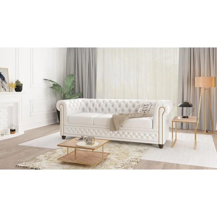 S-Style Möbel Chesterfield-Sofa Jeff, 3-Sitzer mit Schlaffunktion aus veganem Leder mit Holzfüßen, 3-Sitzer mit Schlaffunktion, mit Wellenfederung
