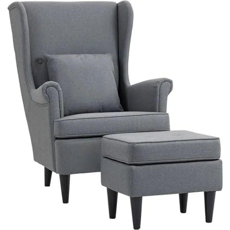 HOMCOM Relaxsessel Ohrensessel mit Hocker, Polsterstuhl mit Liegefunktion (Polstersessel mit hoher Rückenlehne aus Stoff, 2-St, TV-Sessel für Schlafzimmer, Wohnzimmer), 83 x 75 x 104 cm, Grau