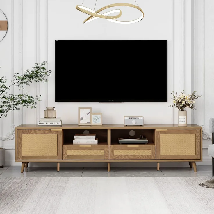 TV-Schrank, Rattan-Design, mit 2 Türen, 2 Schubladen & höhenverstellbaren Füßen, 200x37x49 cm, Eiche