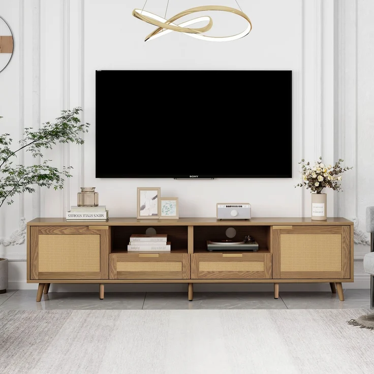 TV-Schrank, Rattan-Design, mit 2 Türen, 2 Schubladen & höhenverstellbaren Füßen, 200x37x49 cm, Eiche – Bild 1