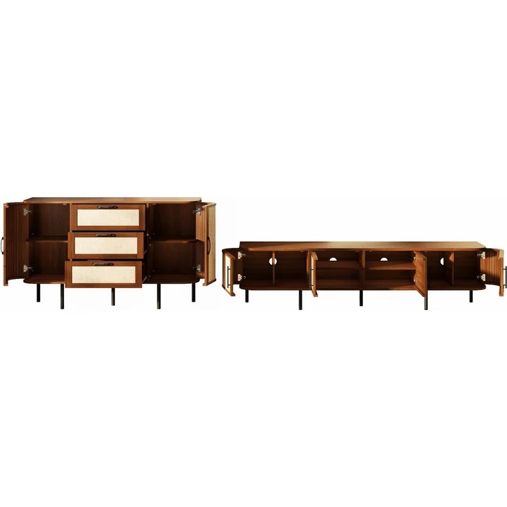 ZUBALIYA Wohnwand Set TV-Lowboard & Sideboard mit Geflechtfront / MDF-Korpus, MDF-Korpus, 120.00 x 40.00 x 82.00 cm, fürs Wohnzimmer, mit Schubladen, mit Stauraum, Samt, Walnuss – Bild 6