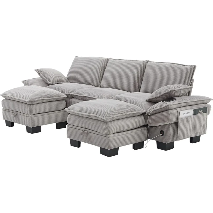 DESVIAE Sofa 3-Sitzer mit 2 Hockern, USB-C-Anschluss, Cord 260x84x132 cm Hellgrau – Bild 8