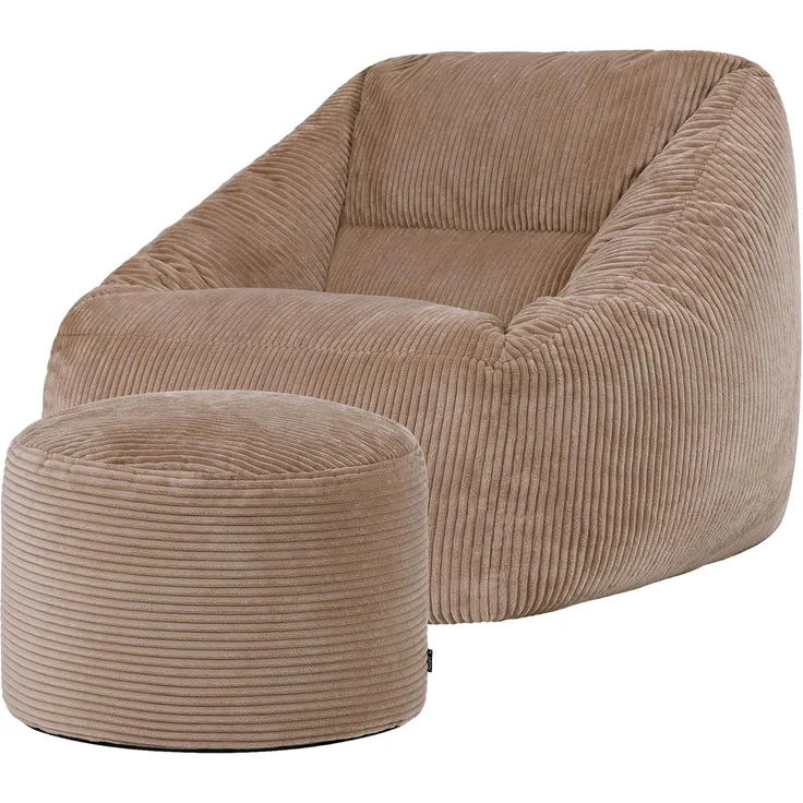 Icon Natalia Sitzsack Sessel mit Hocker für Erwachsene, Mokkabraun, Flauschiger Cord Stoff, Riesen Sitzsack Cord mit Füllung, Bean Bag Chair, Bequemer Sessel Wohnzimmer, Lounge, Schlafzimmer, Büro