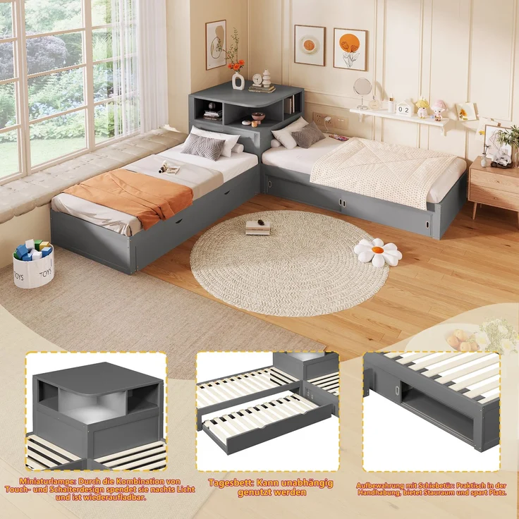 ZUBALIYA Holzbett 90 x 200 cm – Ausziehbett, Stauraum mit Schiebetüren, LED-Beleuchtung, MDF, Kiefer, Grau – Bild 4
