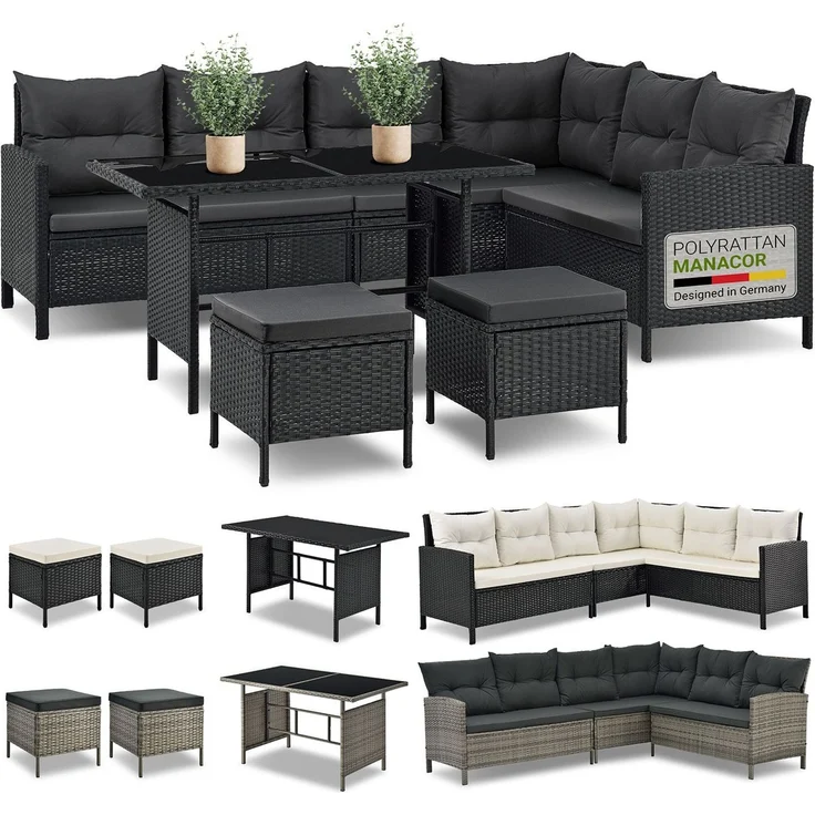 Juskys 'Manacor' Lounge mit Sofa, Tisch, 2 Hocker & Kissen, Polyrattan schwarz-grau, 7 Personen – Bild 1