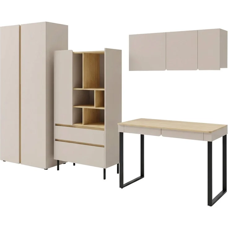 Beautysofa Jugendzimmer-Set LICO im modernen Stil, (Kinderzimmer Möbel grifflos, Set 4-teilig Kleiderschrank Bücherregal Schreibtisch Hängeregal), moderne Farben Sandbeige oder Eukalyptus – Bild 2