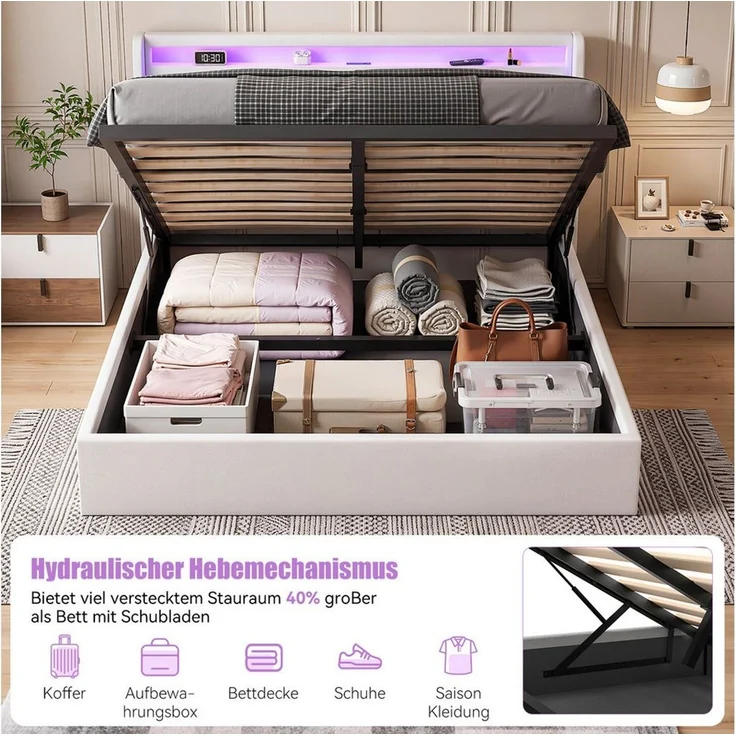 oyajia Polsterbett Bettrahmen mit LED-Beleuchtung und Ladestation, PU-Kunstleder (Type-C + USB, Hydraulisch hebbarer Stauraum), Jugendbett Bettgestll mit Bettkasten, Ohne Matratze – Bild 3