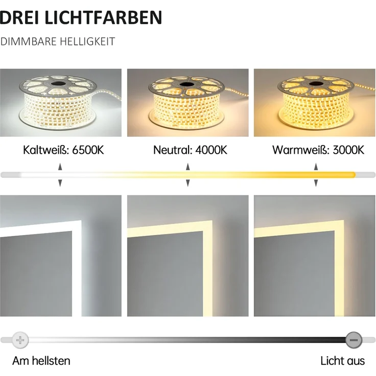 EMKE LED Badspiegel 100x60cm Uhr 3 Lichtfarben Dimmbar 3-fache Vergrößerung – Bild 3