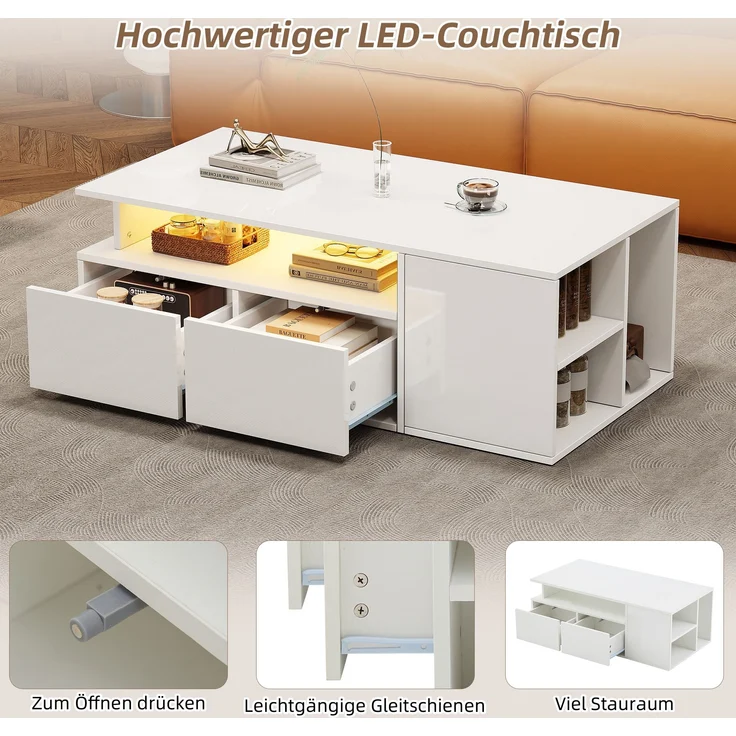 Couchtisch mit LED, 2 Schubladen & 3 seitlichen Fächern, 60 kg Tragkraft, 100x50x35 cm, Weiß – Bild 7