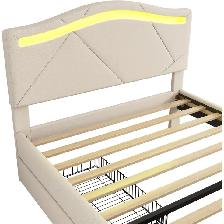 Polsterbett mit LED-Beleuchtung und Schubladen, 90x200cm, gepolsterter Kopfteil, Einzelbett, Stauraumbett, Leinen – Bild 10