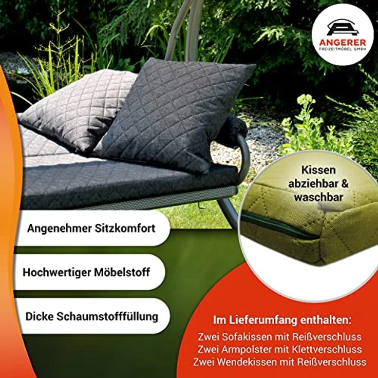 Angerer Freizeitmöbel Hollywoodschaukel 'Elegance Joy', 3-Sitzer, hellgrün, wetterfestes Sonnendach, abziehbare und waschbare Bezüge, mit Bettfunktion, Made in Germany – Bild 3