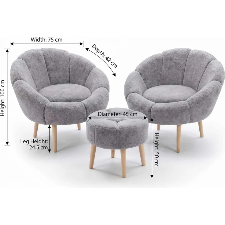Elegantes Ohrensessel- und Pouf-Set (3-teilig), Grau, 100% Wellssoft-Gewebe, Beine aus 100% Esche | Perfekt für Moderne Wohnräume – Bild 3