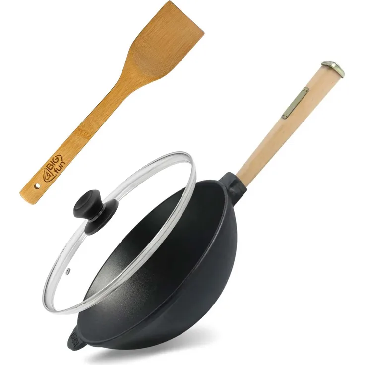 Wok Bratpfanne Ø24 cm 2,2 L aus Gusseisen mit Holzgriff Glasdeckel Asia Wokpfanne Induktion Pfannenwender