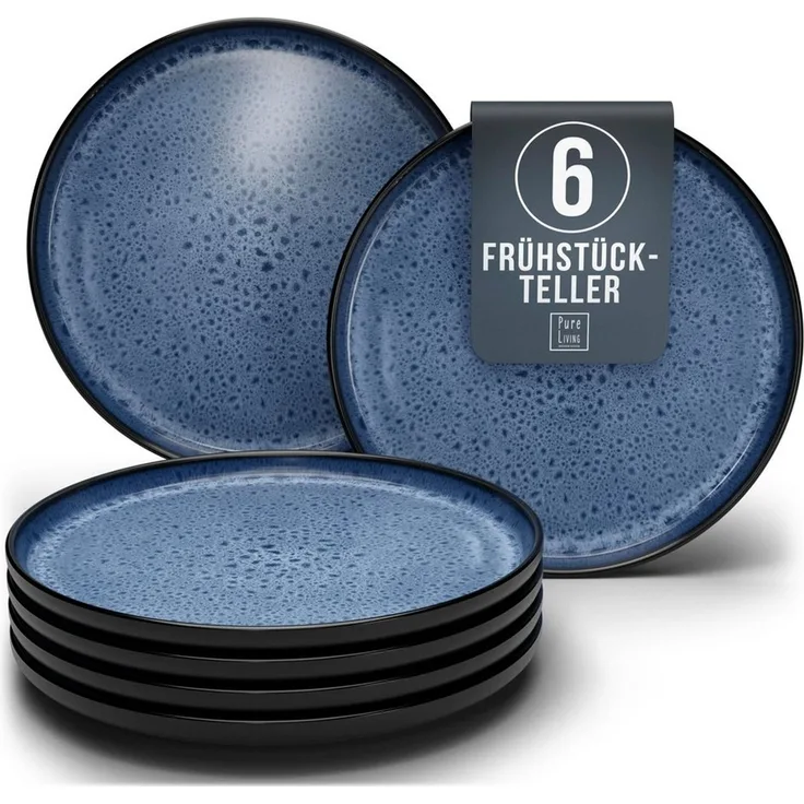 PURE LIVING INTERIOR DESIGN Geschirr-Set Pure Living Dessertteller 6er 20cm »Ibiza«, Steingut, Tiefblau, 6 Personen, Steingut, Mediterrane Handwerksoptik, Reaktive Glasur – jedes Stück einzigartig…