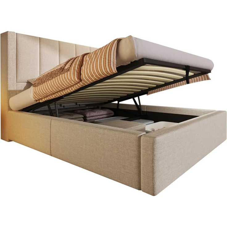 Polsterbett 90x200 cm Einzelbett mit verstecktem Becherhalter & Ladestation, Hydraulisches Bett mit Stauraum unter dem Bett, Inkl. Lattenrost, Leinen Beige (Ohne Matratze) – Bild 3