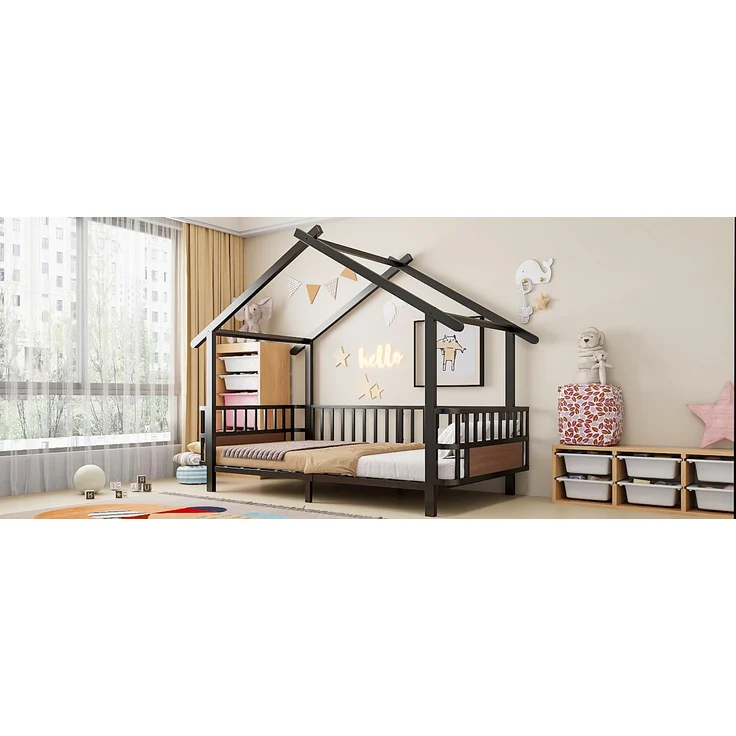 EINHOM Kinderbett aus Metall in Hausform, 90 x 200 cm, mit Sicherheitsgitter, Dachdesign und Dekorativem Rahmen, für Jungen und Mädchen, Metall, Schwarz, (Ohne Matratze) – Bild 6
