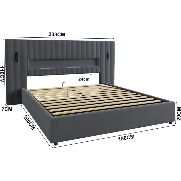 Polsterbett 180x200 cm mit hydraulischem Bettkasten, LED-Leseleuchten, USB, mit Matratze – Bild 5