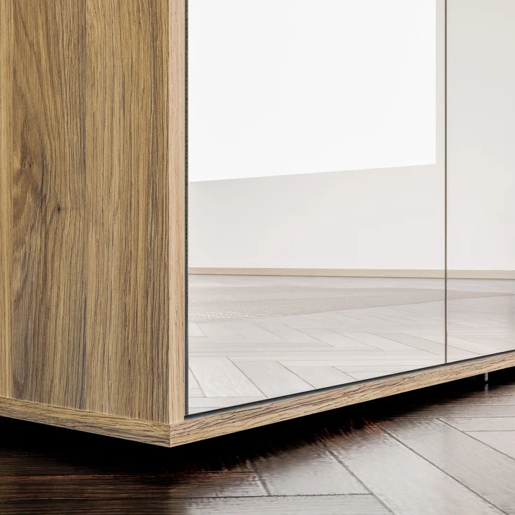 Forte MOKKARO Kleiderschrank 140 150, moderner Drehtürenschrank, 3-türig, 2 Schubladen, Spiegel, Mauvella Eiche Holzdekor|Kaschmir Beige, 144,4 cm breit x 200,1 cm hoch x 52,7 cm tief – Bild 10