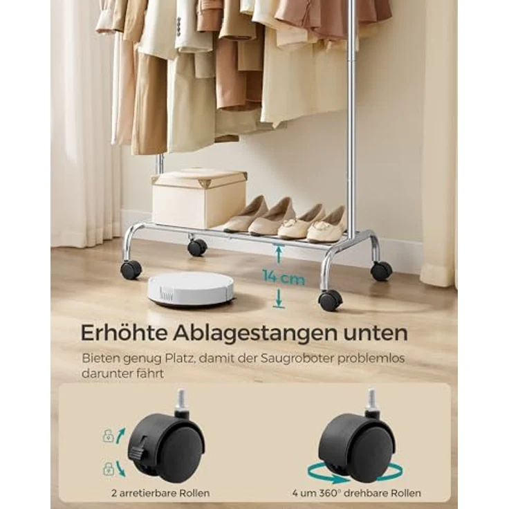 SONGMICS Stand Appendiabiti Con Ruote, Attaccapanni Estensibile in Metallo, Con Ripiano Portaoggetti Rialzato, 40 x (83-120) x 156 cm, Portata Totale 45 kg, Argento HSR134E01 – Bild 6