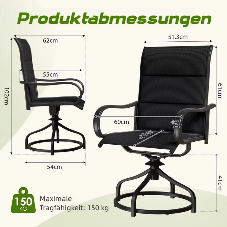 TLGREEN Gartenstuhl hochlehner 2er Set,360° drehbar, Drehstühle Wetterfeste, (Gesteppte Rückenlehne & Sitzfläche, bis 150 kg belastbar, 2 St), Für Terrasse Garten Balkon – Bild 2