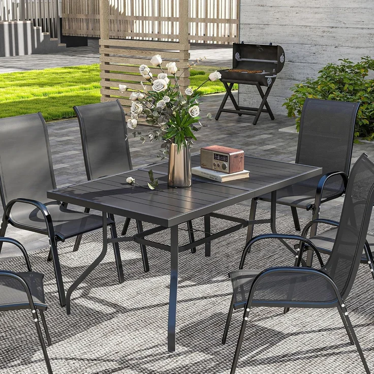 Outsunny Gartentisch mit Schirmloch, Latten-Design (wetterfest Balkontisch, 1-St, rechteckig Beistelltisch), 152 x 90 cm, für Garten, Balkon, Schwarz – Bild 8