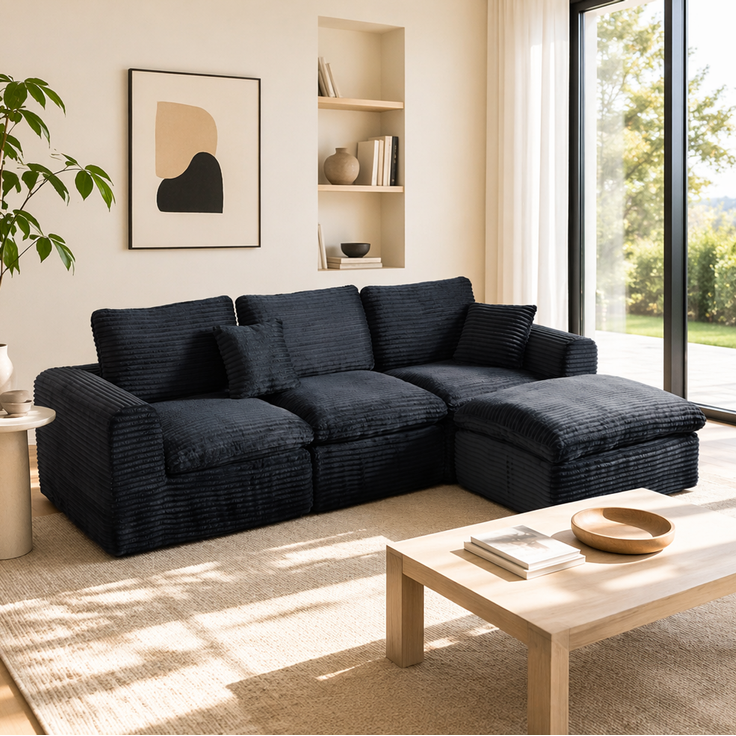 Modulares 3-Module-Sofa mit Cordbezug, flexibel als Schlafgelegenheit, 280x180x65 cm, Schwarz/Blau
