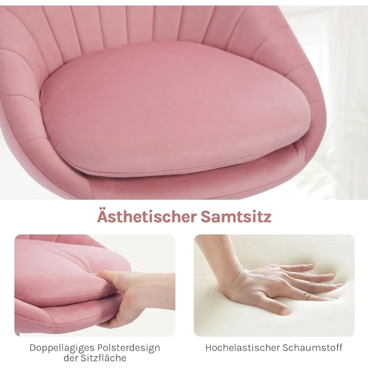 WOLTU Homeoffice Stuhl, Bürostuhl ergonomisch, Schminkstuhl drehbar, Drehstuhl mit Rollen, Schreibtischstuhl 150 kg belastbar, für Arbeitszimmer Schlafzimmer, Samt, Rosa, BS167rs – Bild 5
