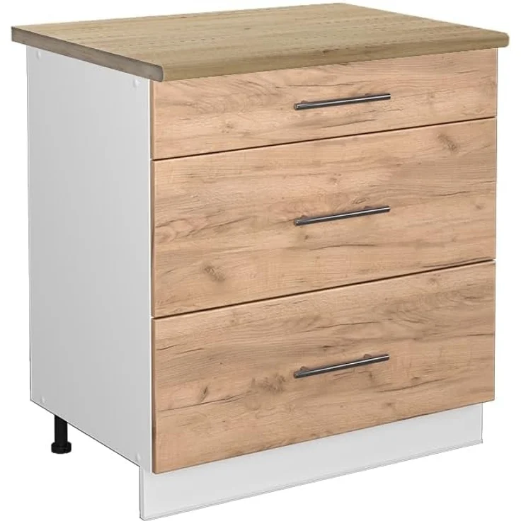 Vicco Küchenunterschrank Fame-Line, Goldkraft Eiche/Weiß, 80 cm mit 3 Schubladen, AP Eiche