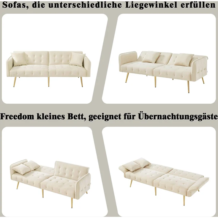 Zweisitzer-Sofabett, verstellbare Rückenlehnen & Armlehnen, Velours, beige, 178x82x70 cm – Bild 9