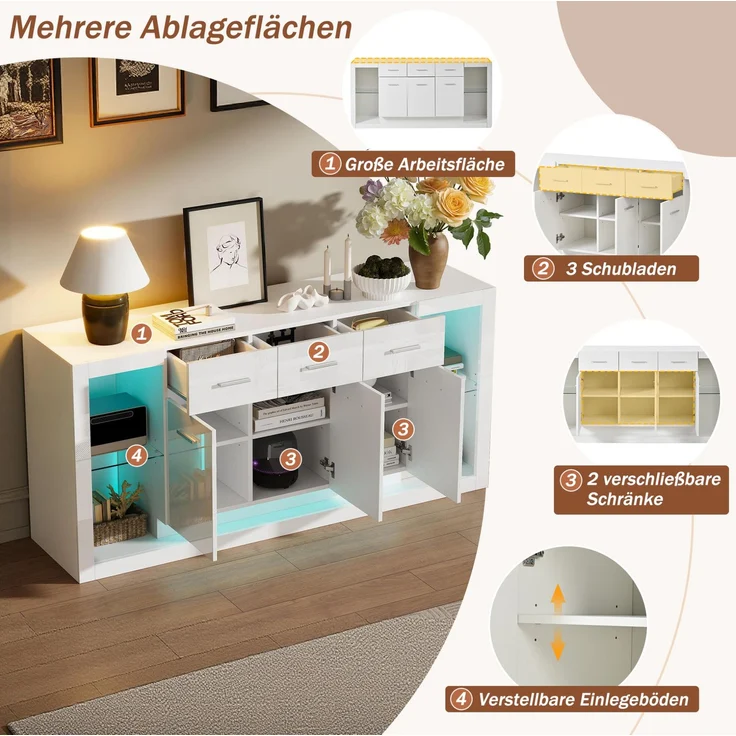 DESVIAE Sideboard mit LED-Beleuchtung und 14 Fächern 160x75x40 cm Spanplatte Weiß – Bild 4
