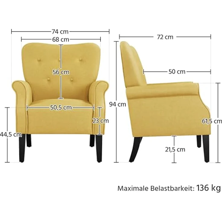 Yaheetech Ohrensessel modern Holzbeine Sessel Polstersessel Fernsehsessel mit Armlehnen Einzelsofa Sitzkomfort Gelb – Bild 4