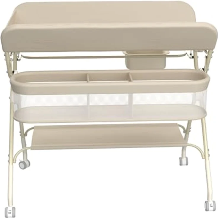 Wickeltisch, zusammenklappbar, mit Aufbewahrungskorb, Struktur aus Eisen, max. Belastung 25 kg, für Neugeborene, ergonomisches Design, Wickeltisch, 75 x 68 x 83–91 cm (A) Cremeweiß – Bild 9