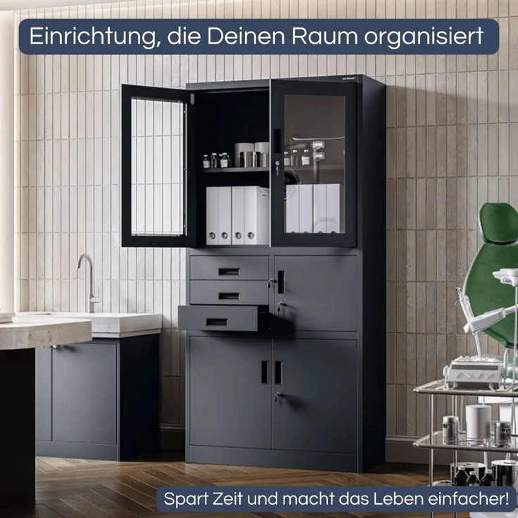 Vitrinenschrank abschließbar GEDO - mit Tresor & Schubladen| Büroschrank aus Stahl Aktenschrank mit Glasfenster Metallschrank Mehrzweckschrank, 185x90x40cm Anthrazit – Bild 3