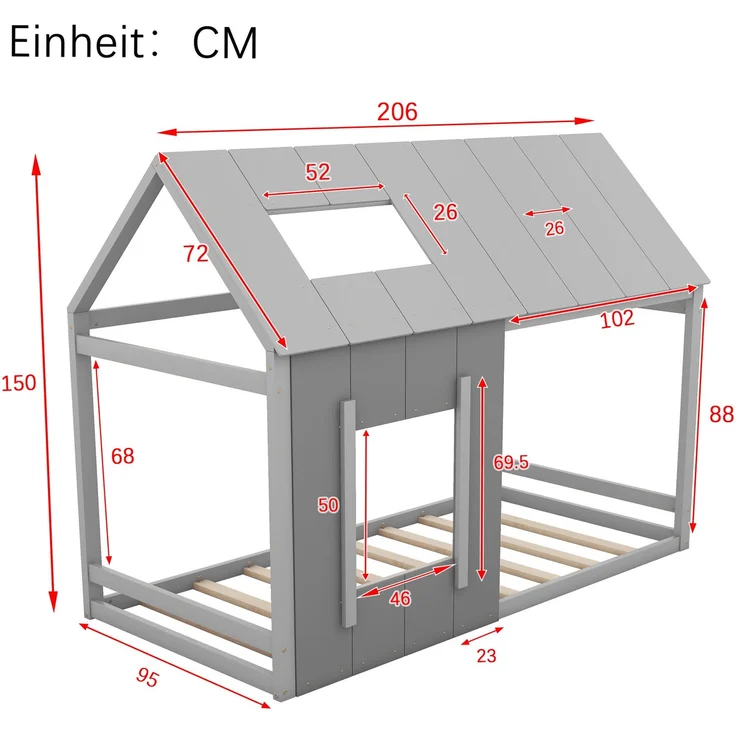 Kinderbett 90x200 cm in Hausform, Montessori Bett mit Dach und Fenster,offenes Design zum Dekorieren, Grau – Bild 5