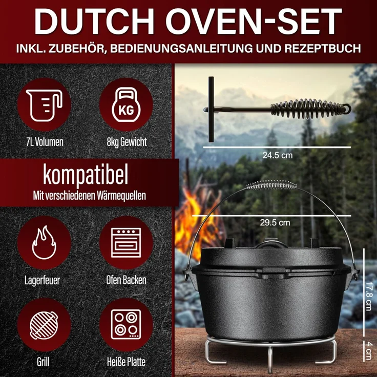Dutch Oven 7 l ohne Füße – eingebrannt & sofort einsatzbereit, inkl. Deckelheber, Edelstahl-Untersetzer, Rezeptbuch & Pflegeanleitung – Bild 2