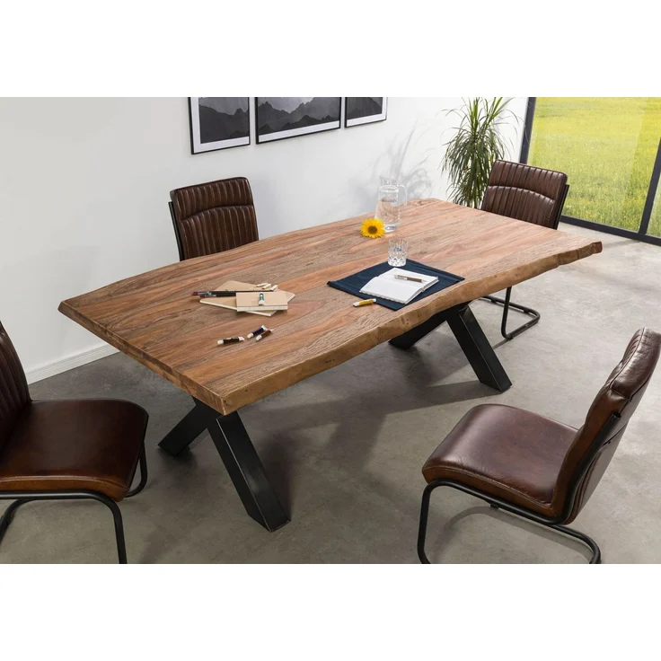 Baumtisch Sheesham 240x100x77 grau gebeizt / X-Beine anthrazit glänzend FREEFORM 5 – Bild 2