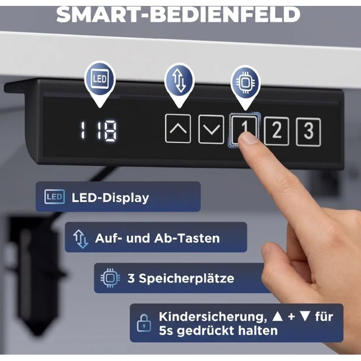 Schreibtisch aus MDF, elektrisch höhenverstellbar mit Memory-Funktion, 140x60x72–118 cm, Weiß – Bild 5