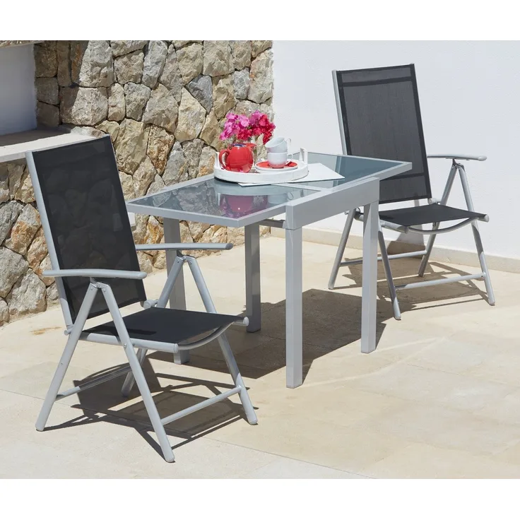 MERXX Balkonset Lima, (3-tlg, 2x Klappsessel, 1x Ausziehtisch 65(130)x65 cm), pulverbeschichtetes Aluminium, aus 100% Polyester, für 2 Personen