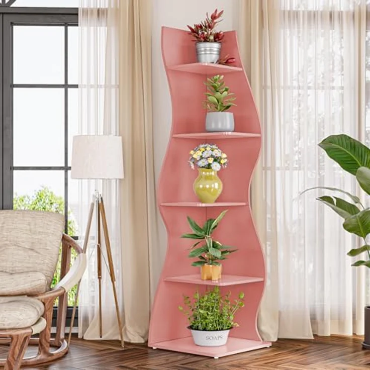 LITTLE TREE Bücherregal Ecke, Modernes Regal Schmal mit 6 Ebenen, 50 x 48 x 179 cm Bücherregal Holz, Standregal mit Wellen-Design für Kleine Räume, Wohnzimmer & Schlafzimmer, Rosa, 2er Pack – Bild 7