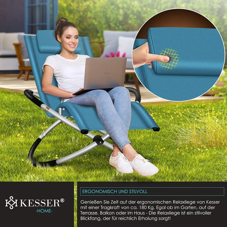 KESSER® Relaxliege Liegestuhl | Gartenliege | Gartenstuhl | Klappstuhl faltbar | Schwungliege | Schaukelsessel | ergonomische Relaxsessel | wetterfest | 180 kg Belastung | 174 x 78 x 89 cm Petrol Blau – Bild 3