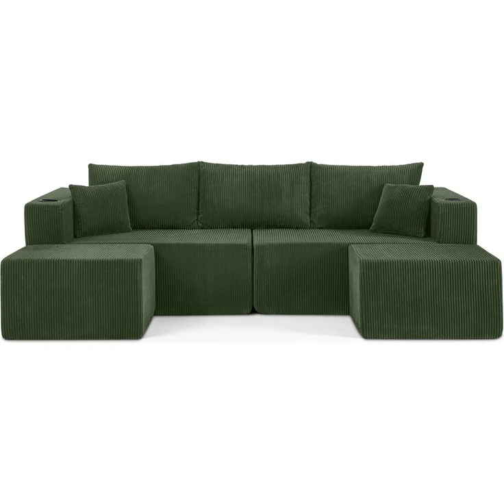 DESVIAE Sofa modular mit 2 Ottomanen und Getränkehaltern aus Schaumstoff mit Cordbezug Grün, 138 x 230 x 75 cm – Bild 7