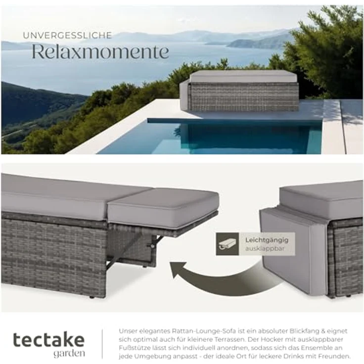 tectake Sofa Set - 2 Sitzer Sessel mit Hocker und Schlaffunktion, kleine Rattan Couch als Outdoor Gartenmöbel, wetterfest für Lounge, Balkon und Garten, klappbar mit Polstern – Bild 5