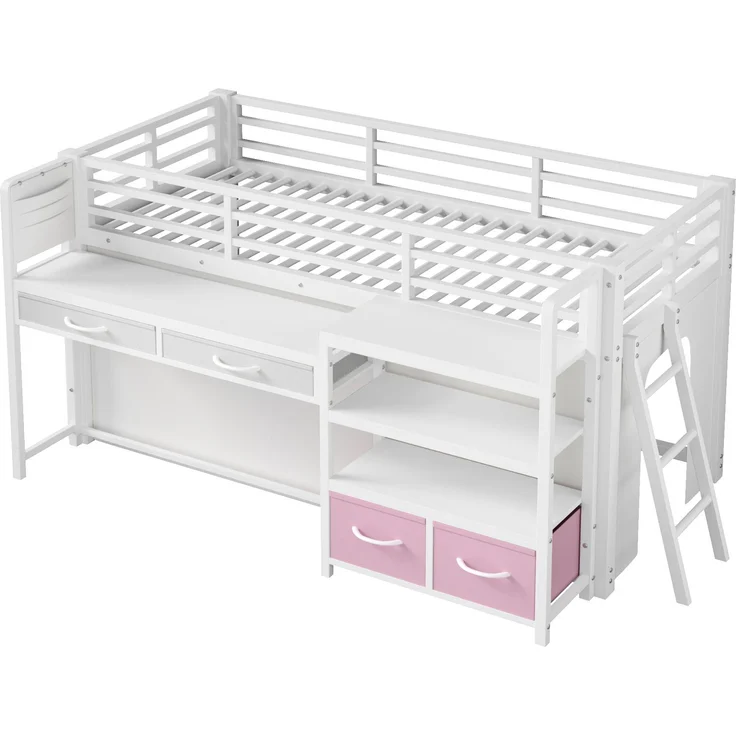 EINHOM Hochbett 90 x 200 cm mit Schreibtisch, Stauraum und Stoffschubladen, Kinderbett aus Metall mit Vorhang, mehrschichtigem Regal und LED-Licht, Weiß (Ohne Matratze) – Bild 7