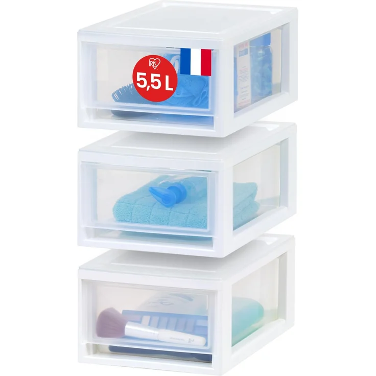 Iris Ohyama 3er-Set Schubladenbox 7L, Kompakter Kunststoff-Organizer, Stapelbar & Robust, Aufbewahrungsbox für Badezimmer, Basteln & Regale, Weiß, MSD-1